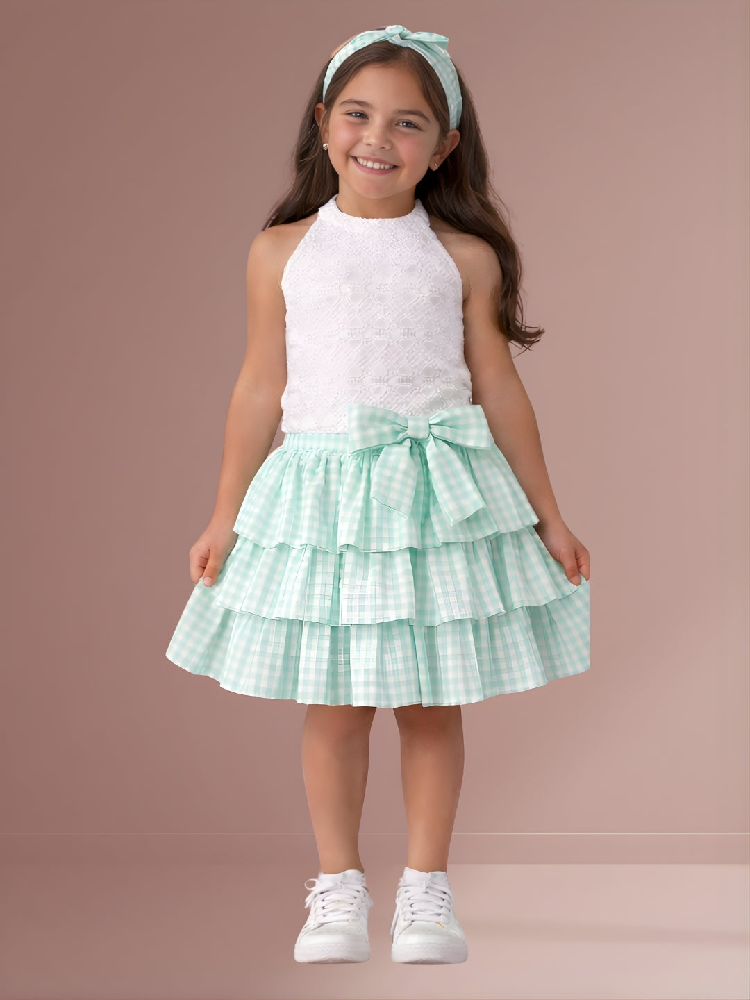 Citrus Crush Girls White Cotton Top and Green Skirt