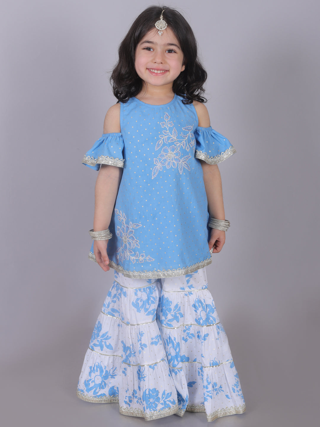 Zarqa Girls Blue Cotton Kurta with Sharara Set
