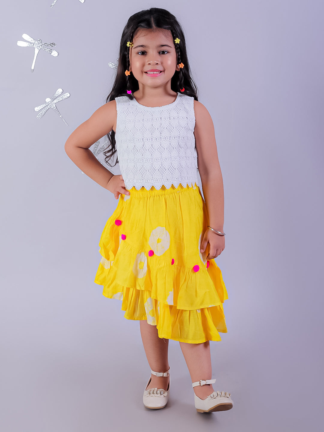 Shibori Print White Top with Yellow Skirt Set For Girls