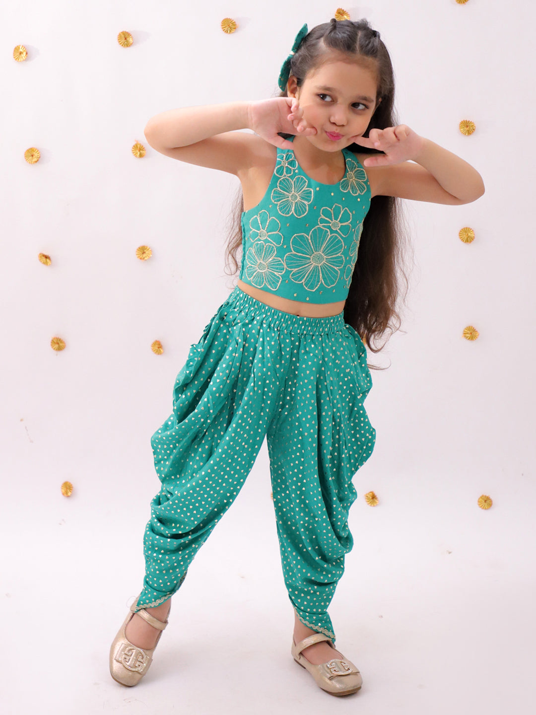 Khilkhilahat Green Crop Top and Dhoti Set For Girls