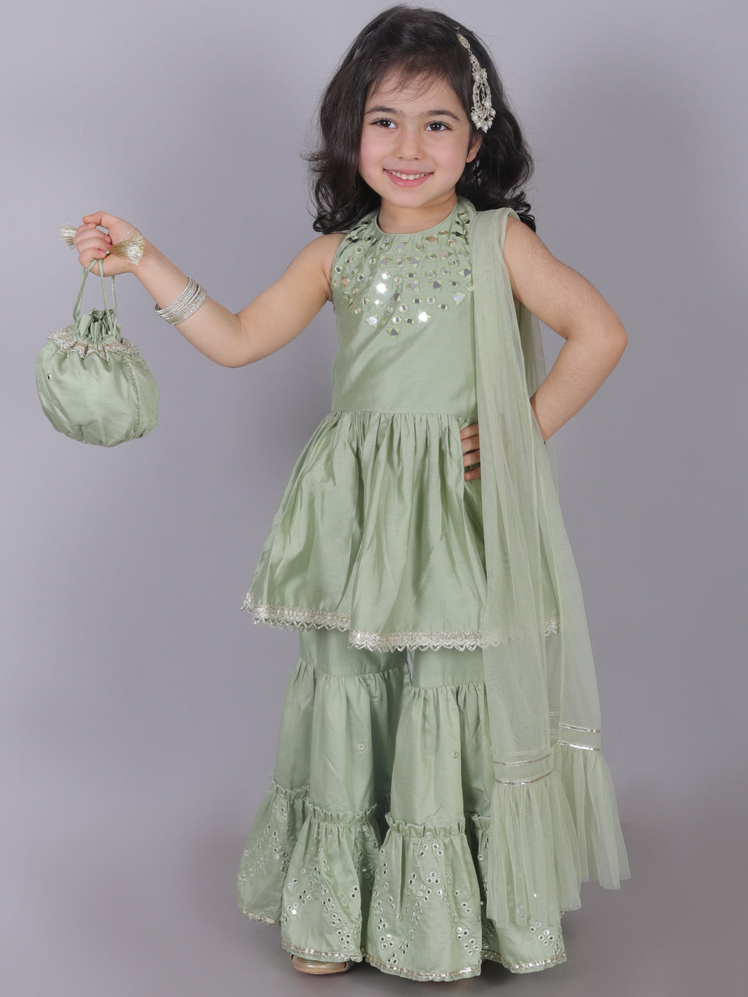 Zarqa Girls Green Kurta with Sharara and dupatta set