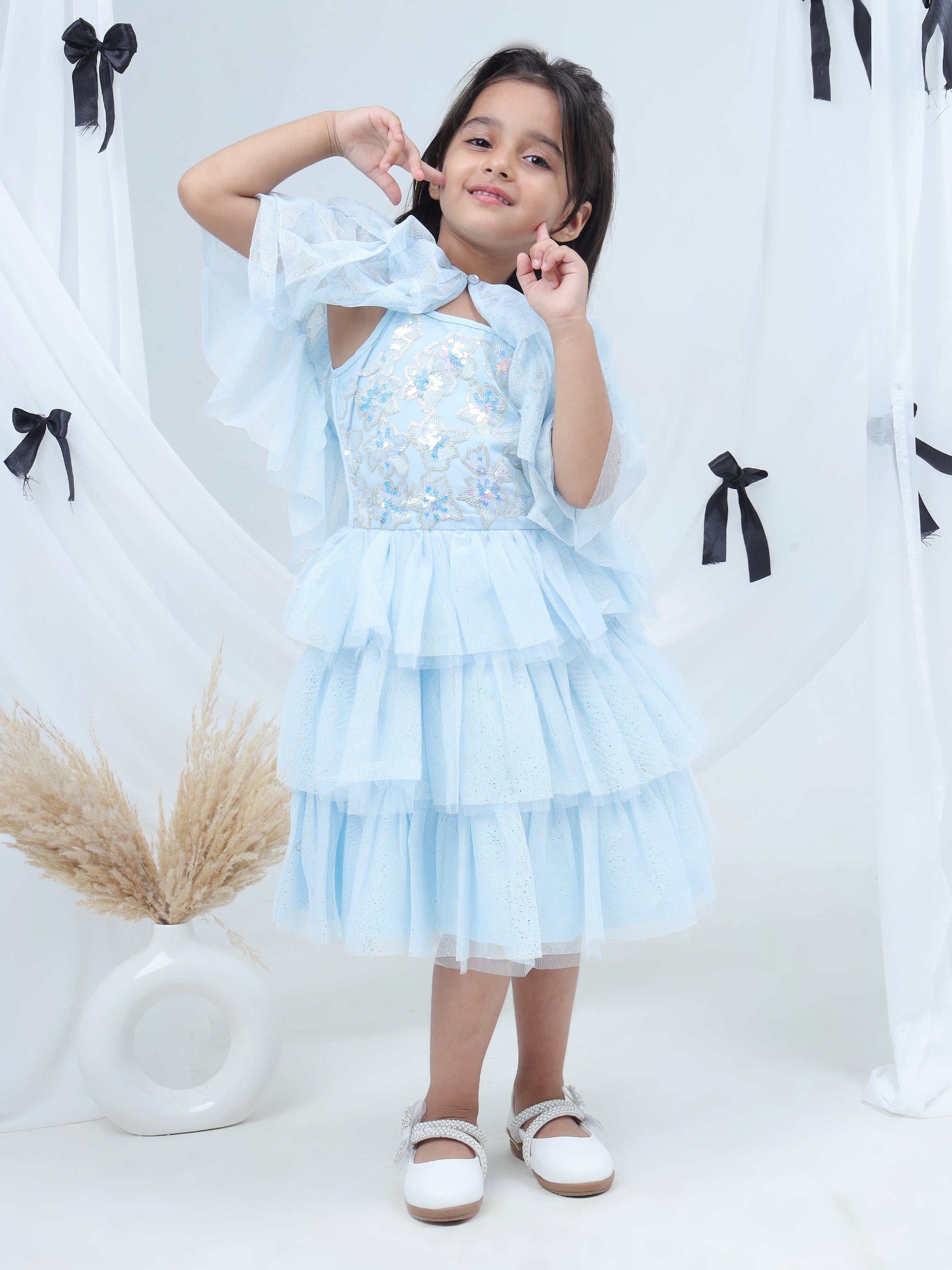Razzle Dazzle Sky Blue Party Dress with Shrug for Girls
