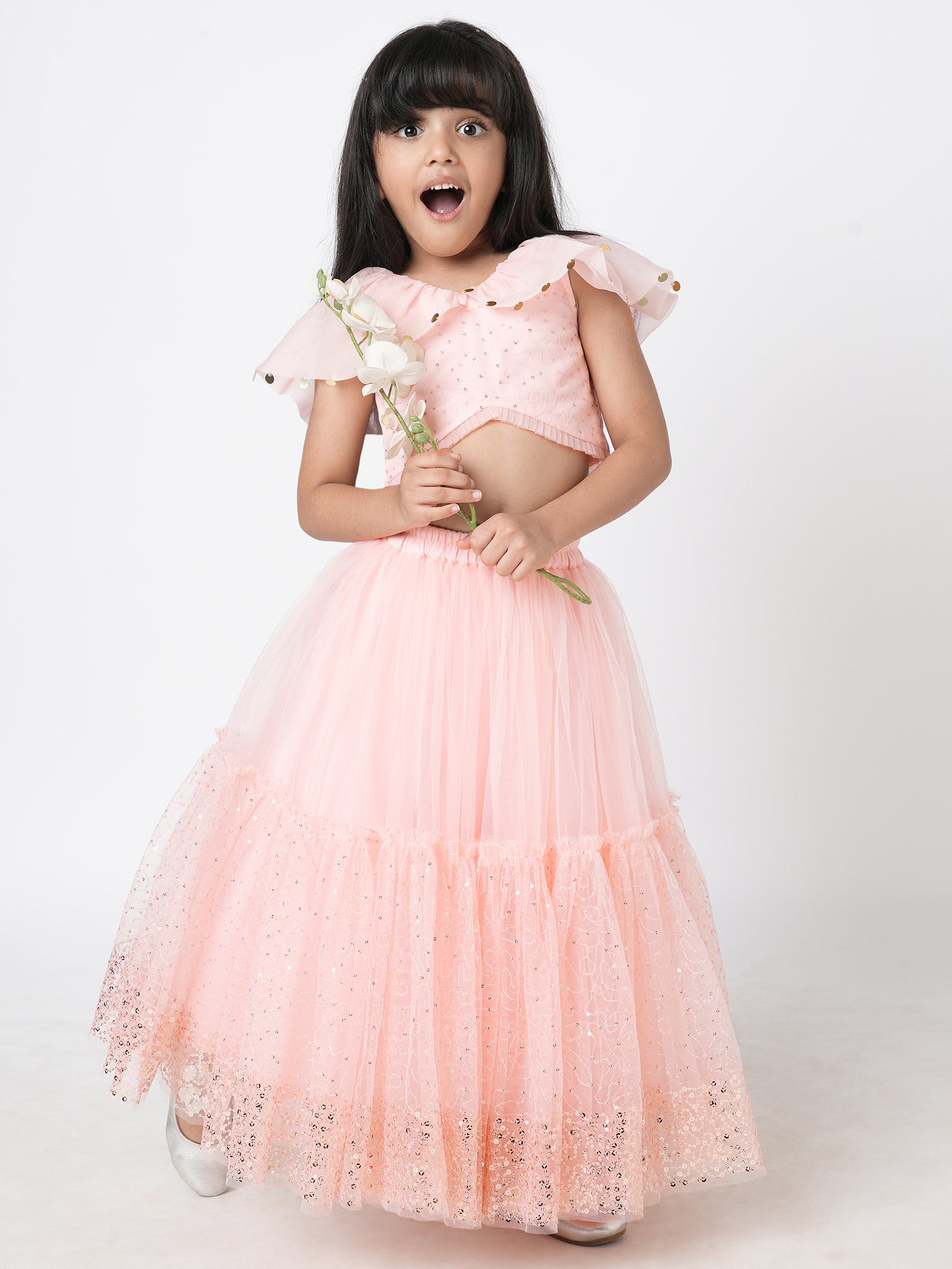 Paris Nights Girls Peach Sequin  Embroidered Lehanga Choli