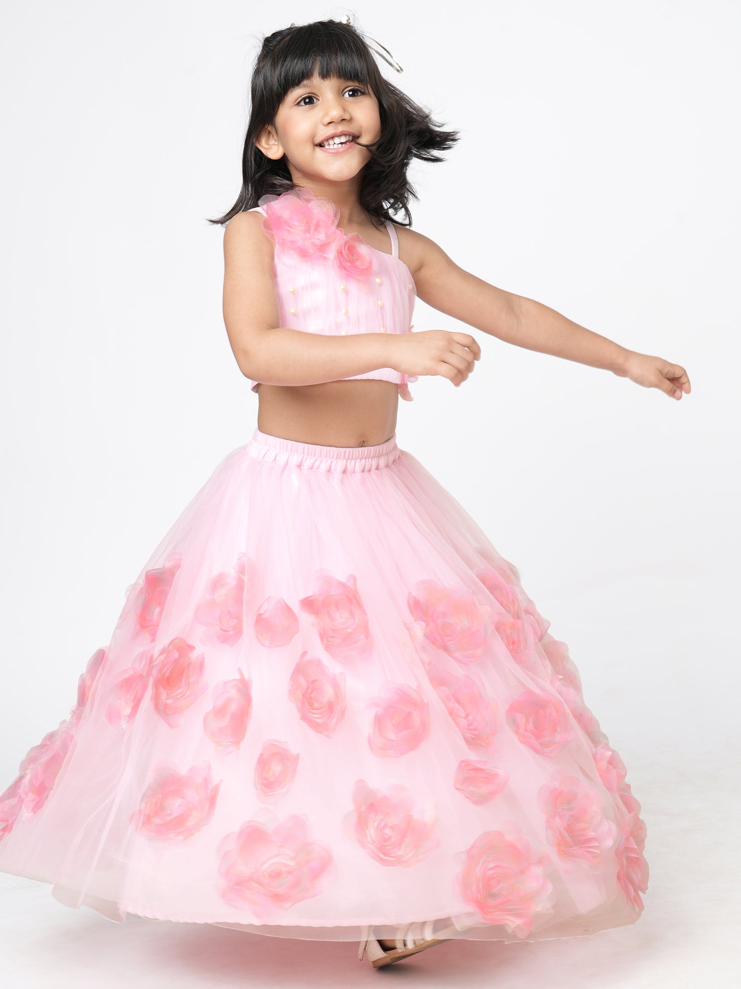Paris Nights Girls Pink 3D Flower Embellished Lehanga Top