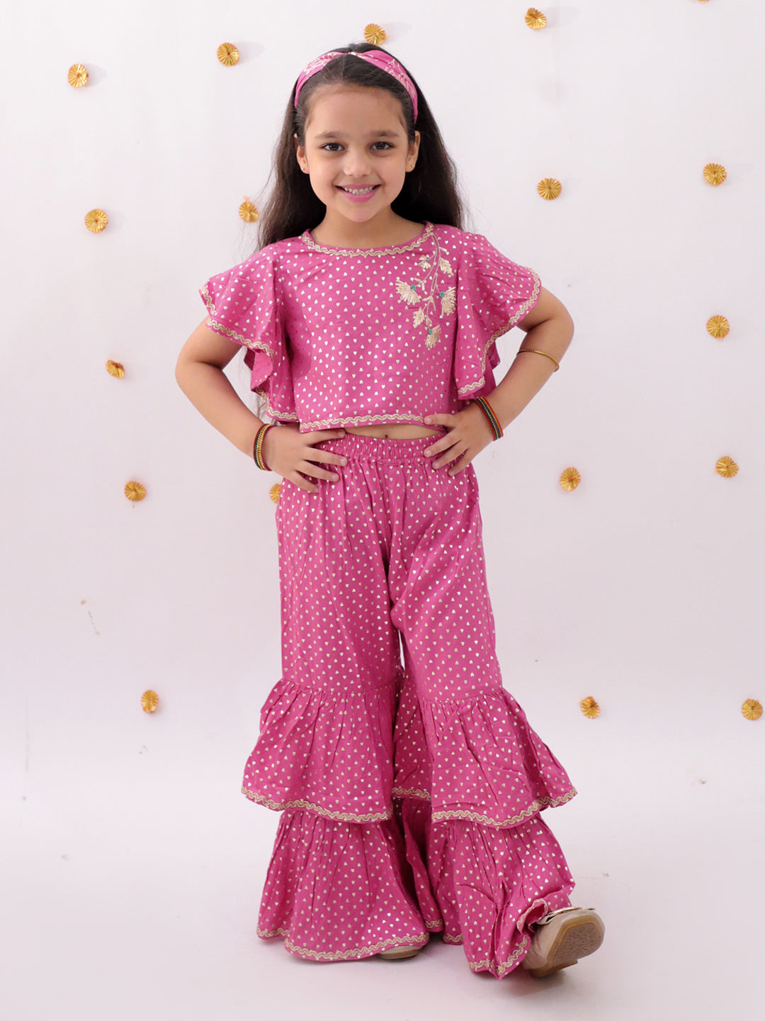 Khilkhilahat Pink Crop Top and Flare Pant Set For Girls