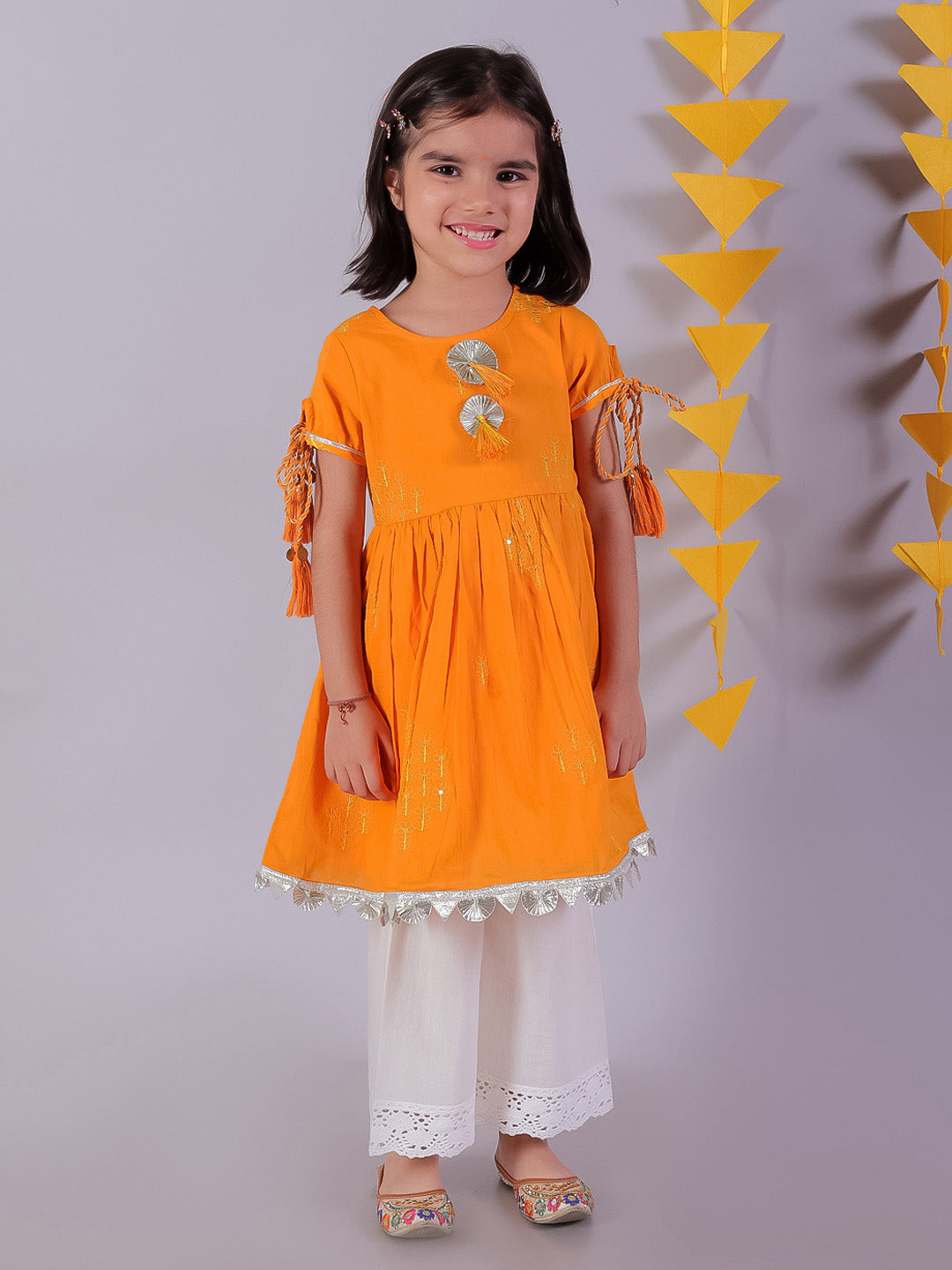 Marigold magic Girls Orange Cotton Kurta and White Pyjama Ethnic Set