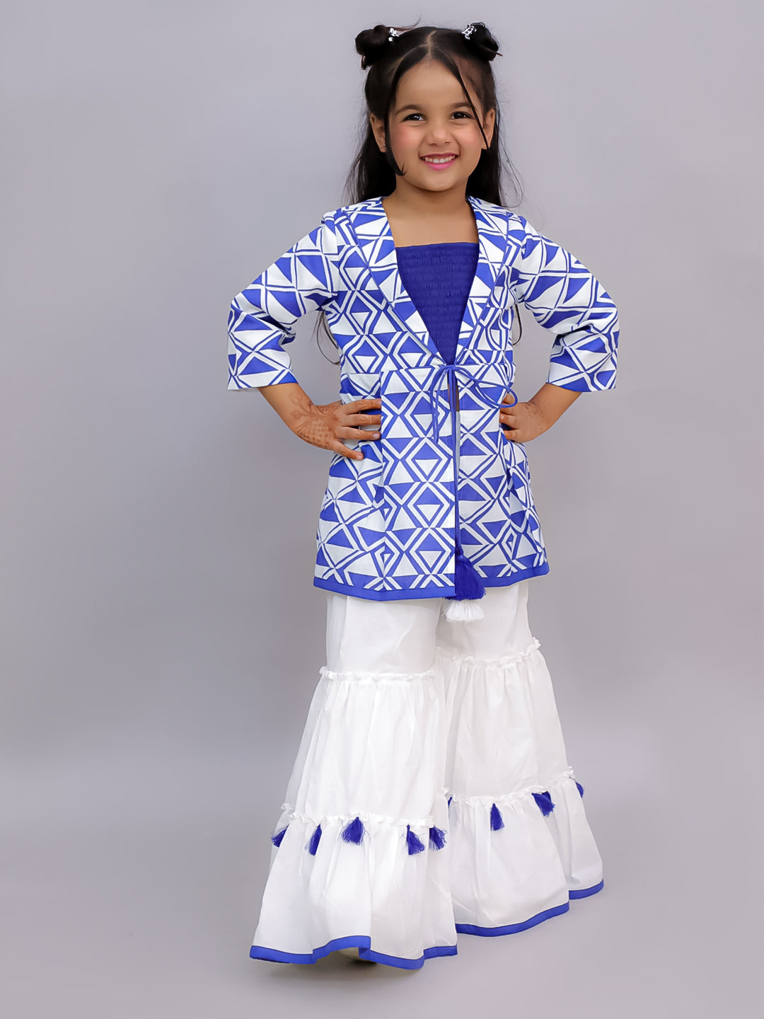 Shor-Gul Blue Kurta Sharara and Bustier Set For Girls