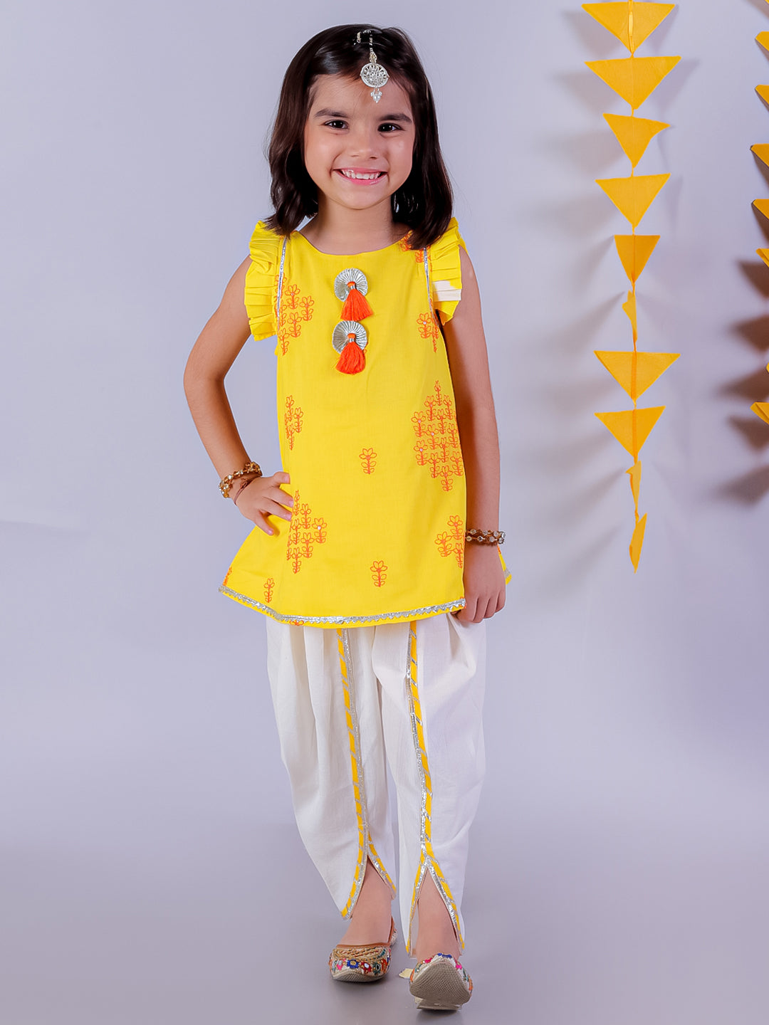Marigold magic Girls Yellow Cotton Kurta and White Dhoti Ethnic Set