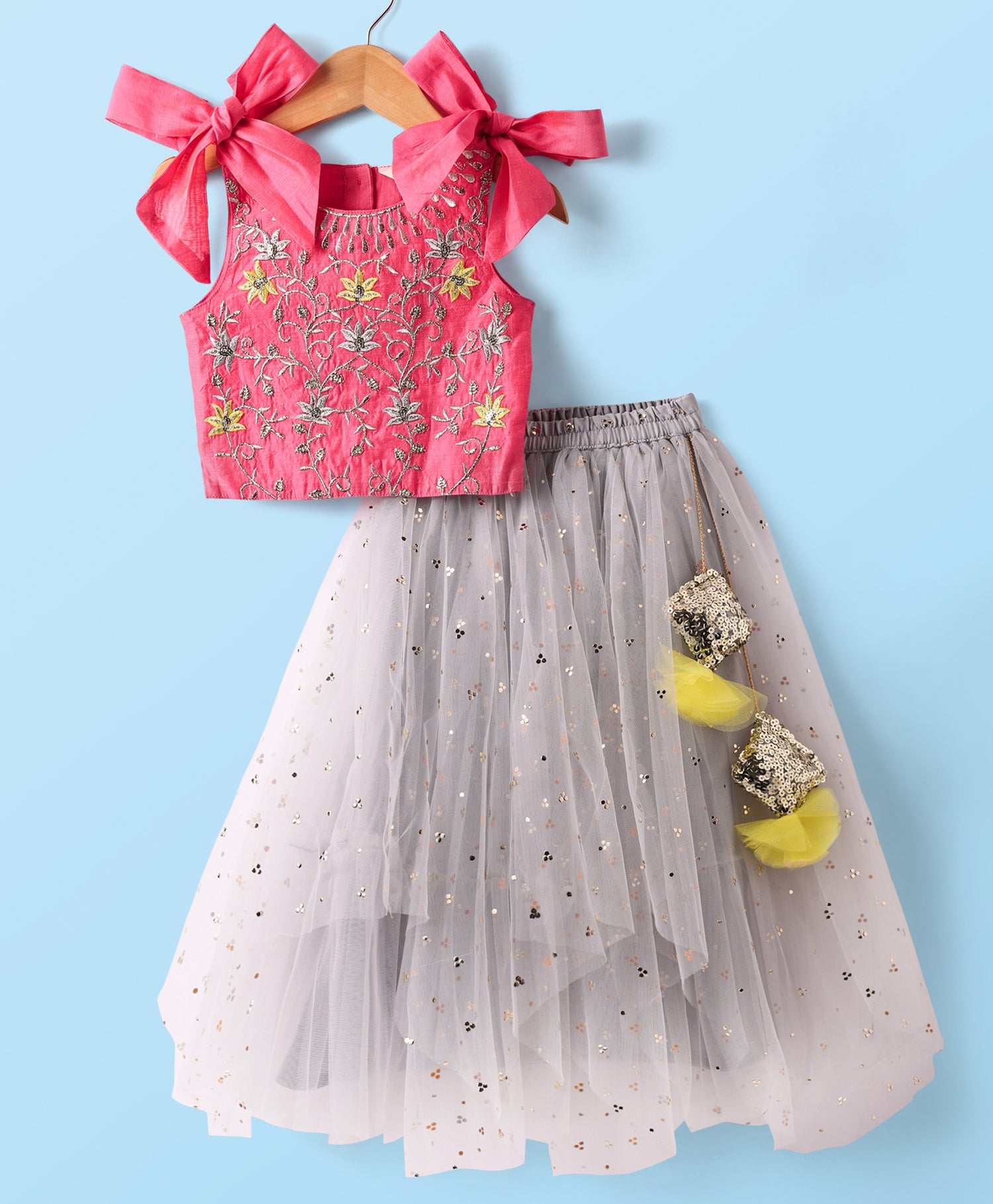 Girls ethnic Embroidered choli with layered mukesh print organza ghaghra set