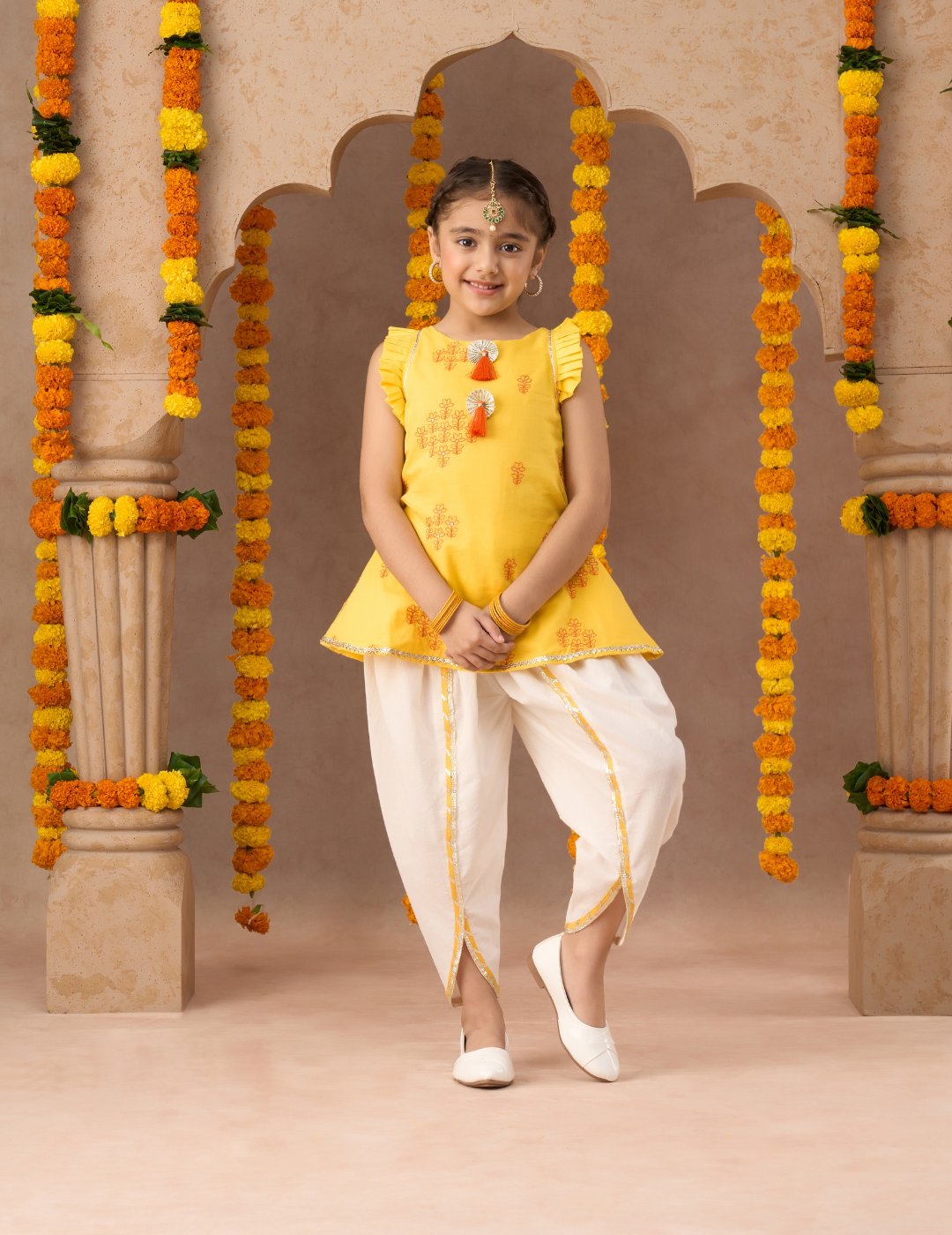 Marigold magic Girls Yellow Cotton Kurta and White Dhoti Ethnic Set