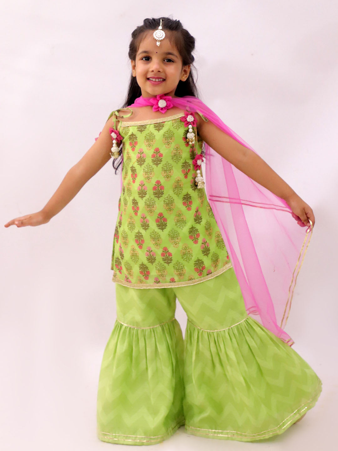 Mishti Green Kurta Sharara with Pink Dupatta Set For Girls