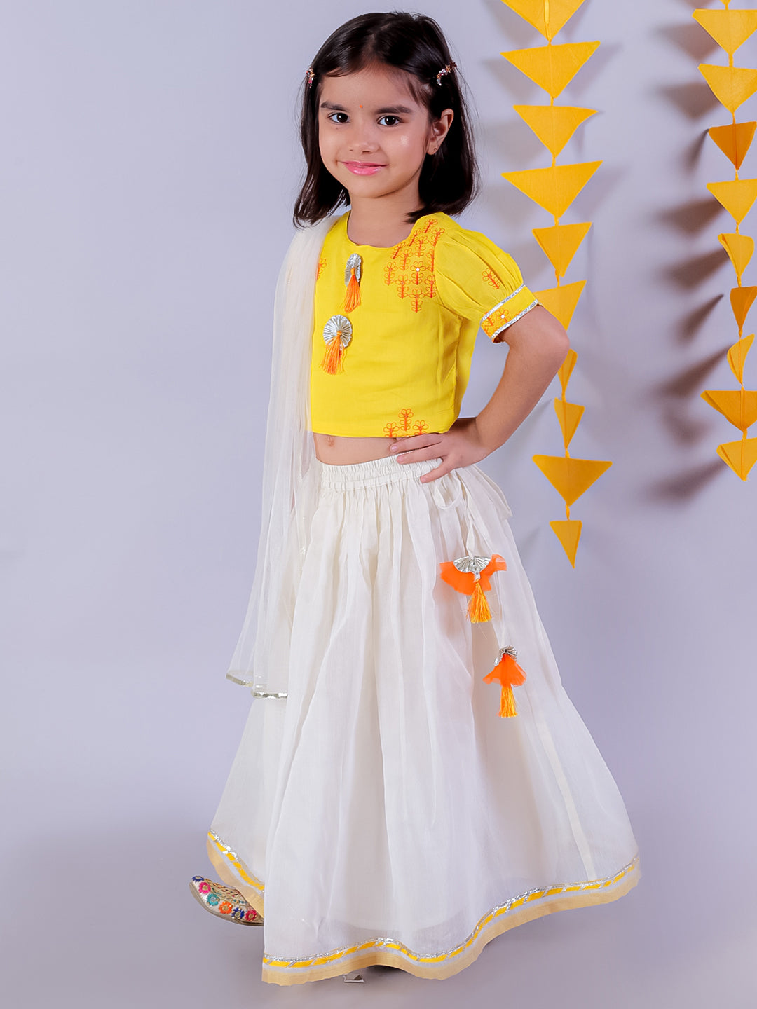 Marigold Magic Girls White Lehanga and Yellow Choli with Dupatta Ethnic Set