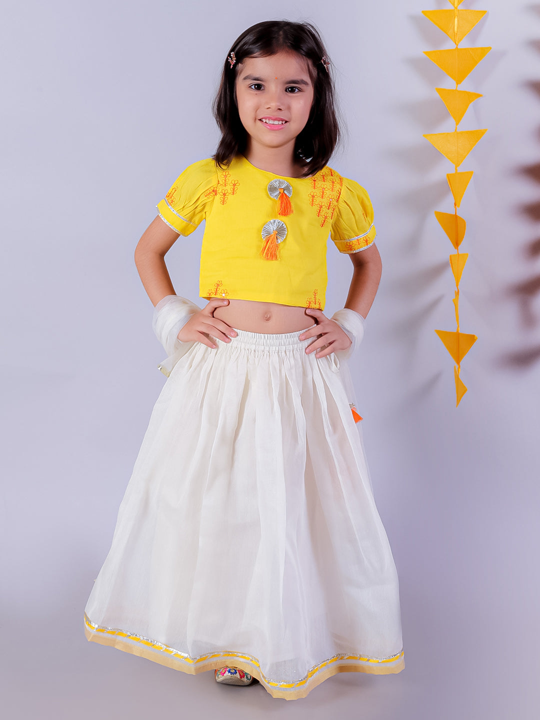 Marigold Magic Girls White Lehanga and Yellow Choli with Dupatta Ethnic Set