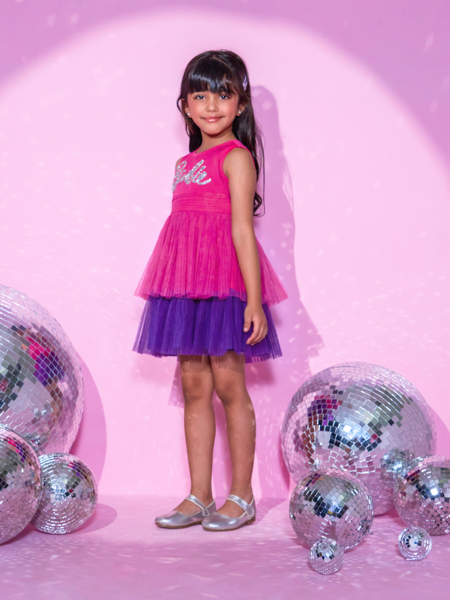 Girls Pink Layered Barbie Dress