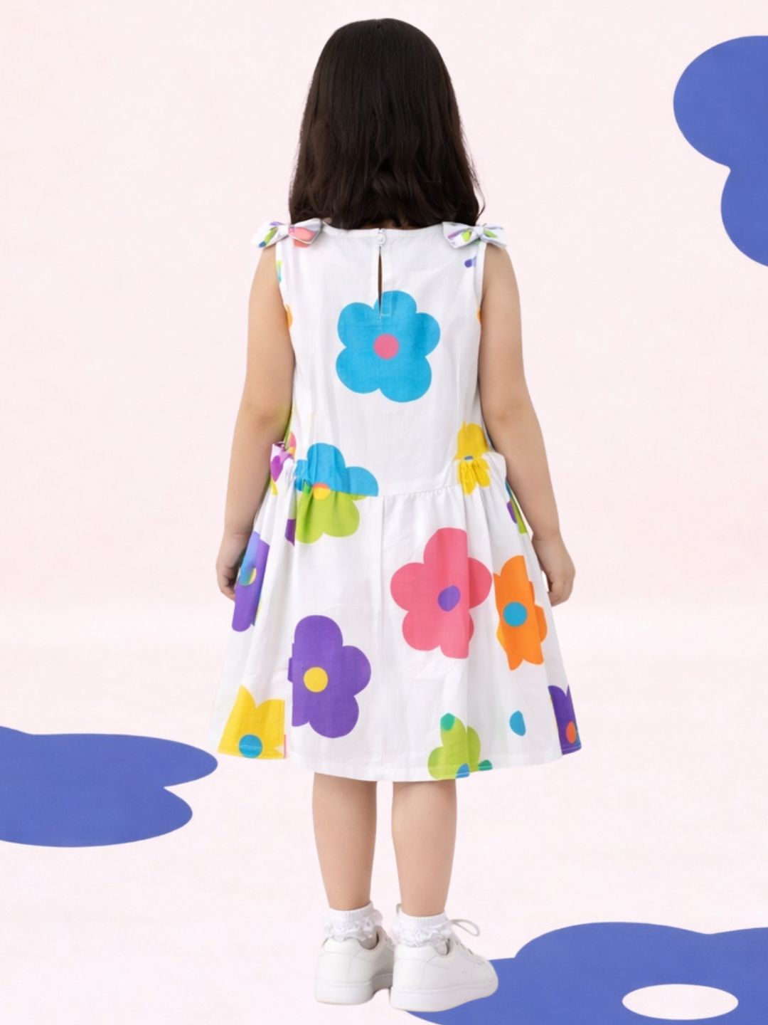 Petal Play Girls White Cotton Floral Dress