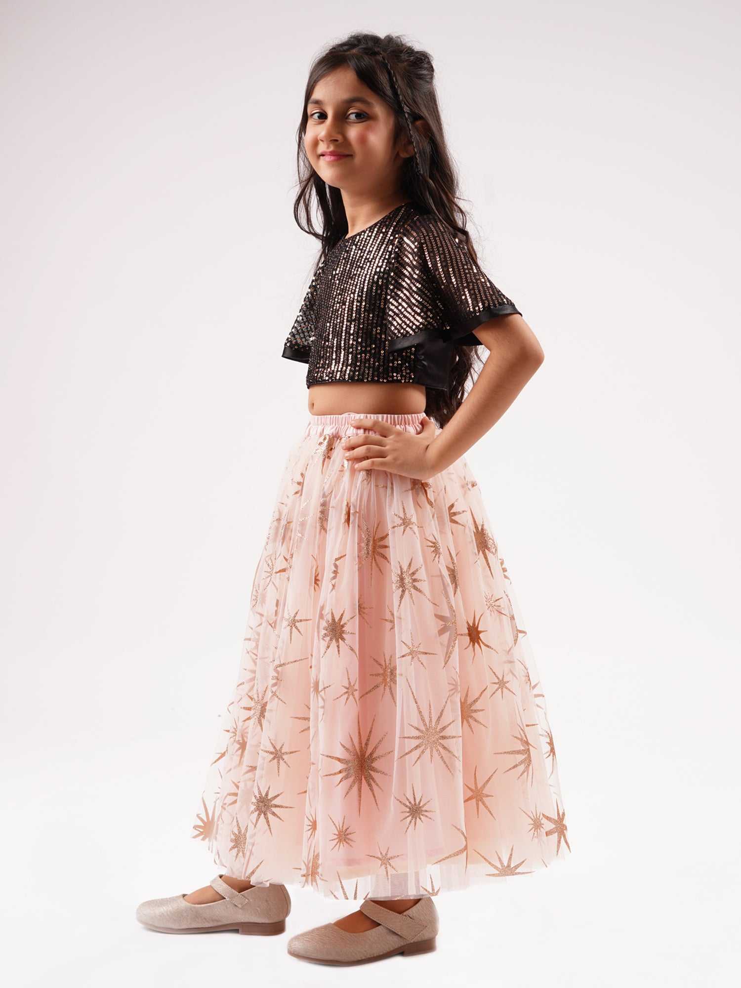 Paris Nights Girls Peach Sequin Choli Printed Lehanga