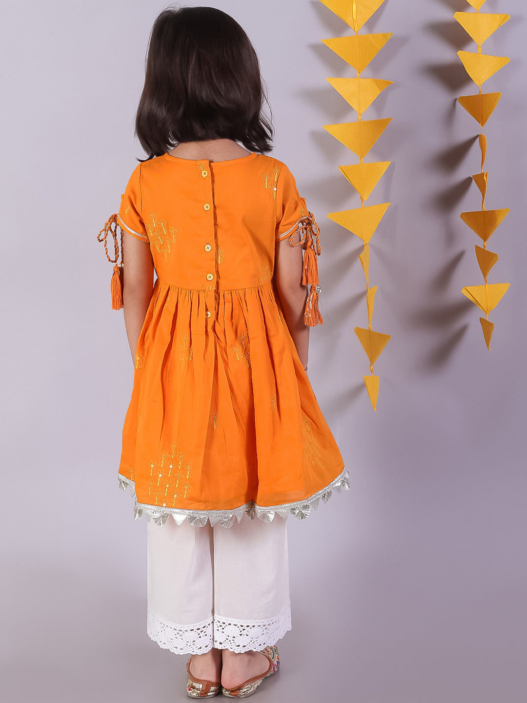 Marigold magic Girls Orange Cotton Kurta and White Pyjama Ethnic Set
