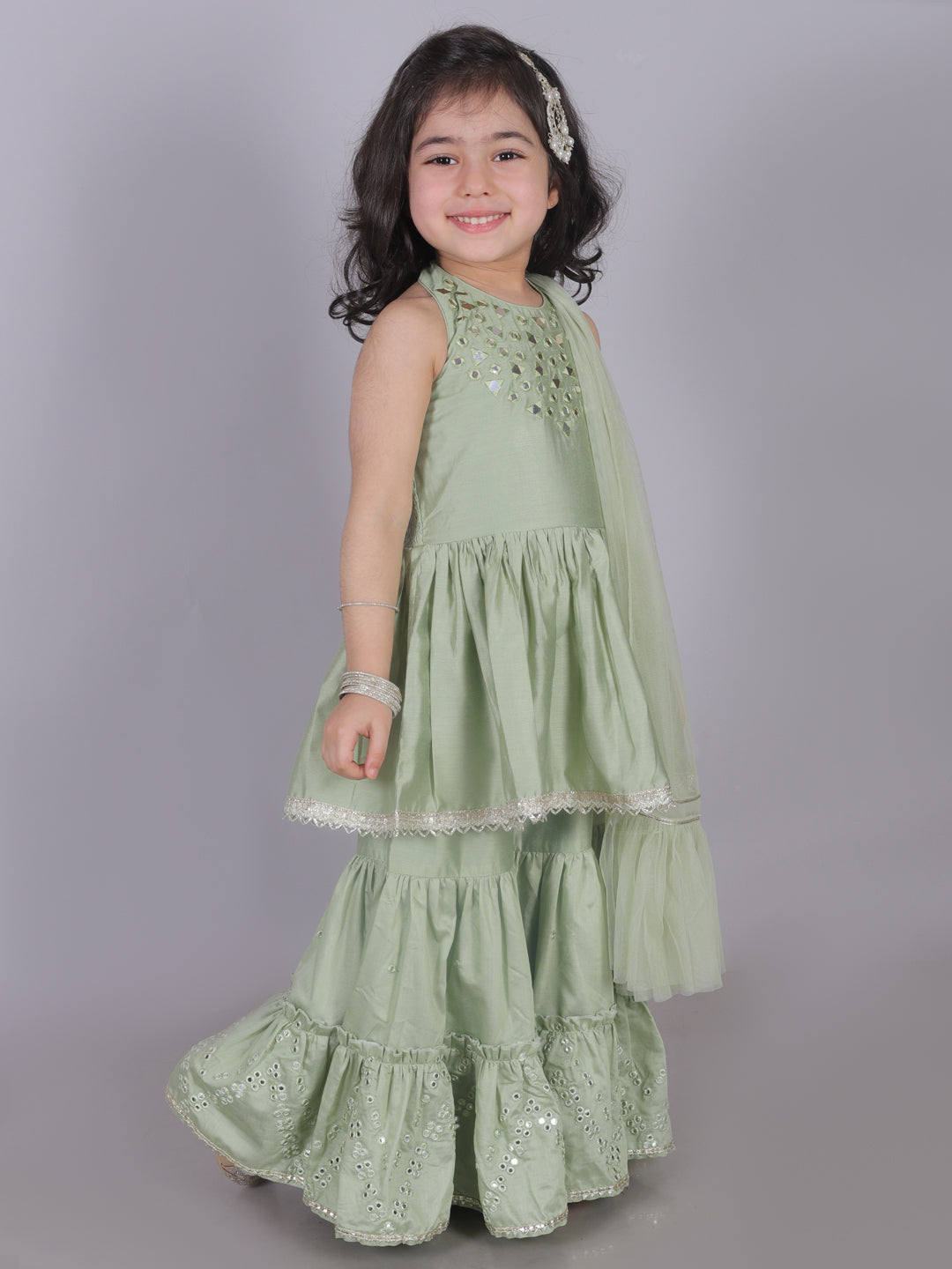 Zarqa Girls Green Kurta with Sharara and dupatta set