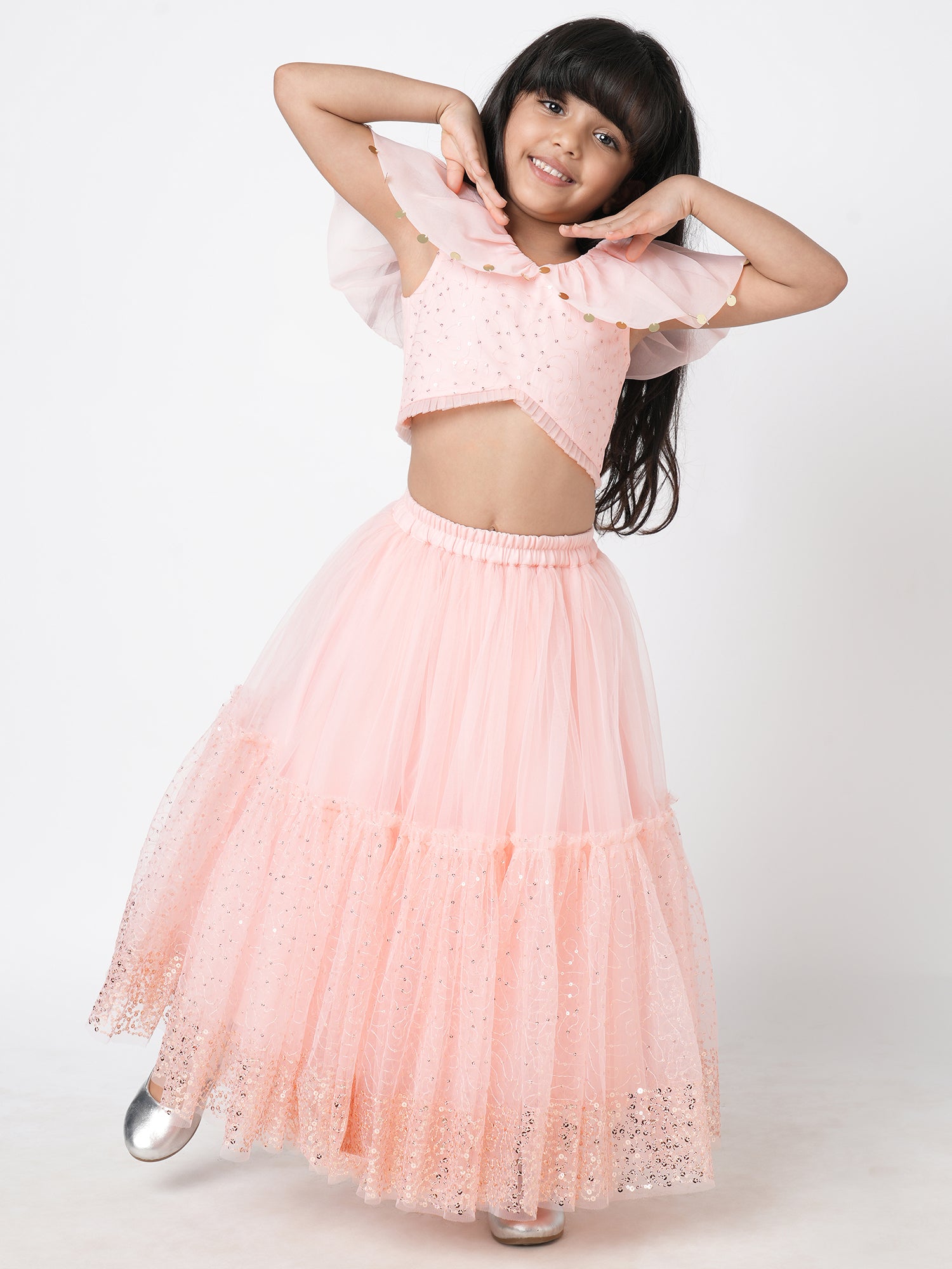 Paris Nights Girls Peach Sequin  Embroidered Lehanga Choli