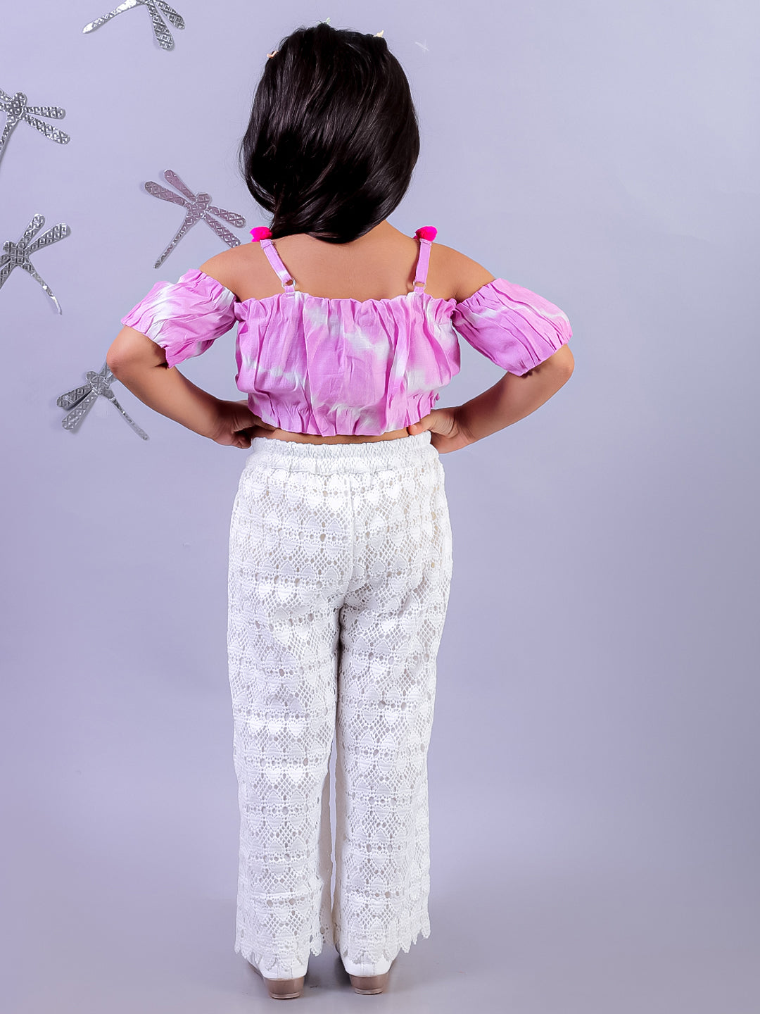Shibori Print Lavender Top with White Pant Set For Girls