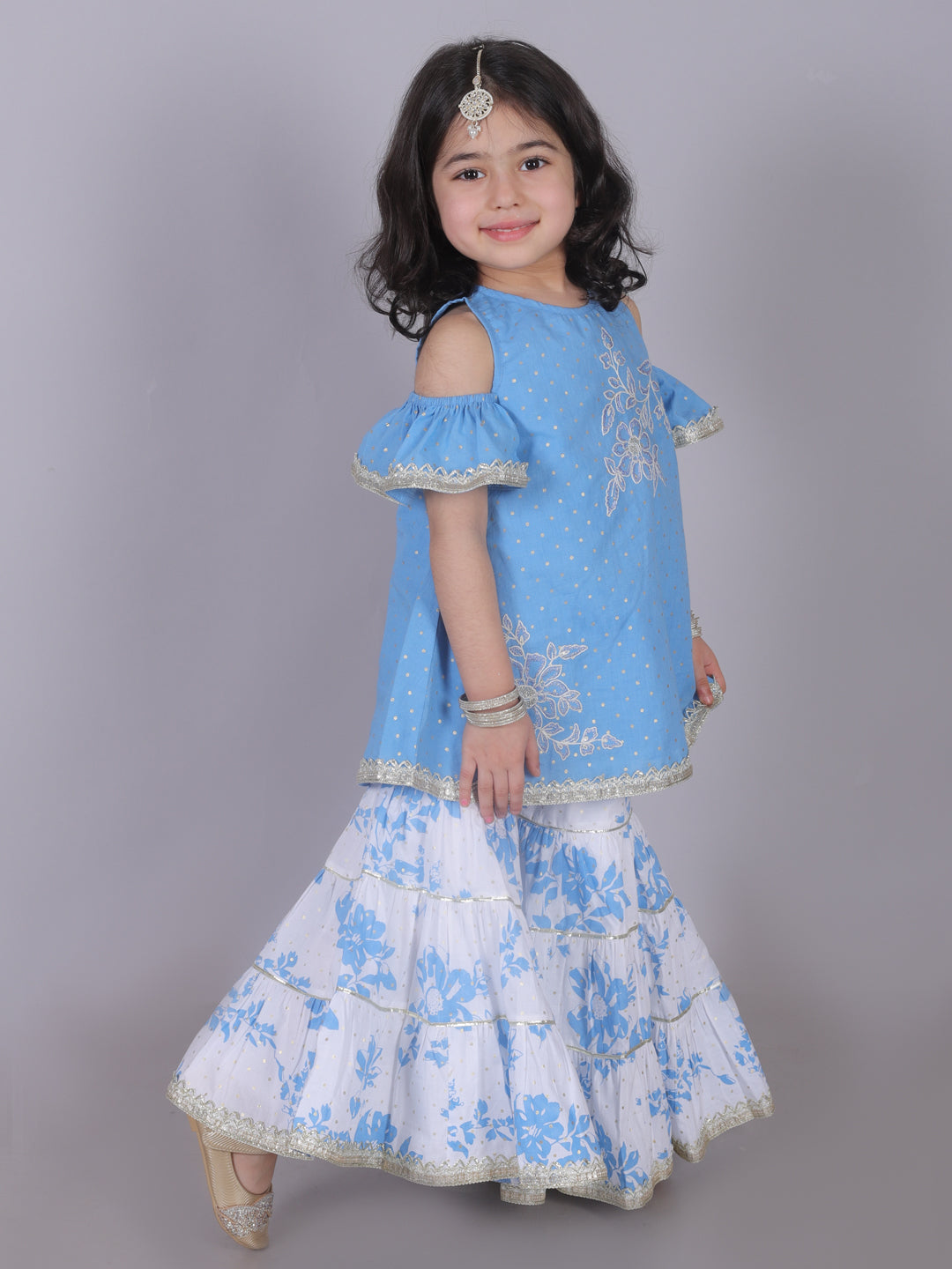 Zarqa Girls Blue Cotton Kurta with Sharara Set