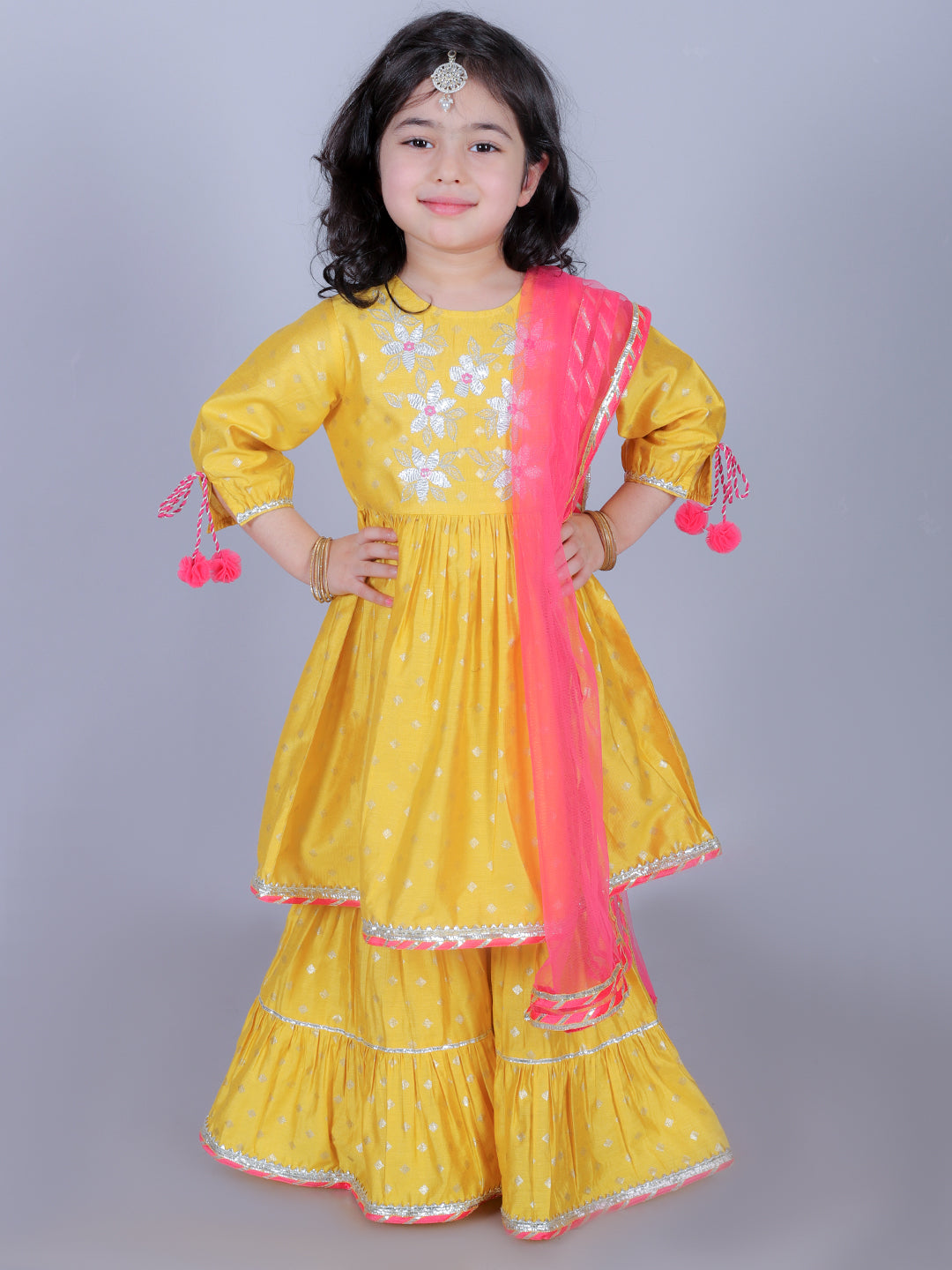 Zarqa Girls Yellow kurta with Sharara and Dupatta set