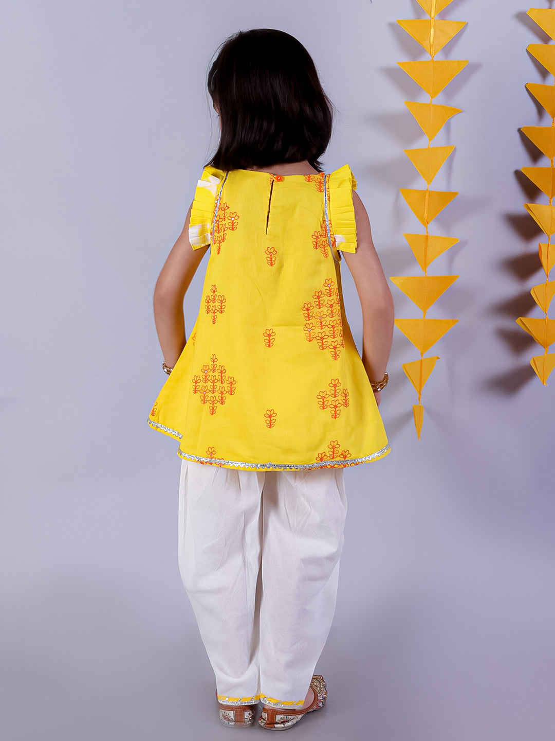 Marigold magic Girls Yellow Cotton Kurta and White Dhoti Ethnic Set