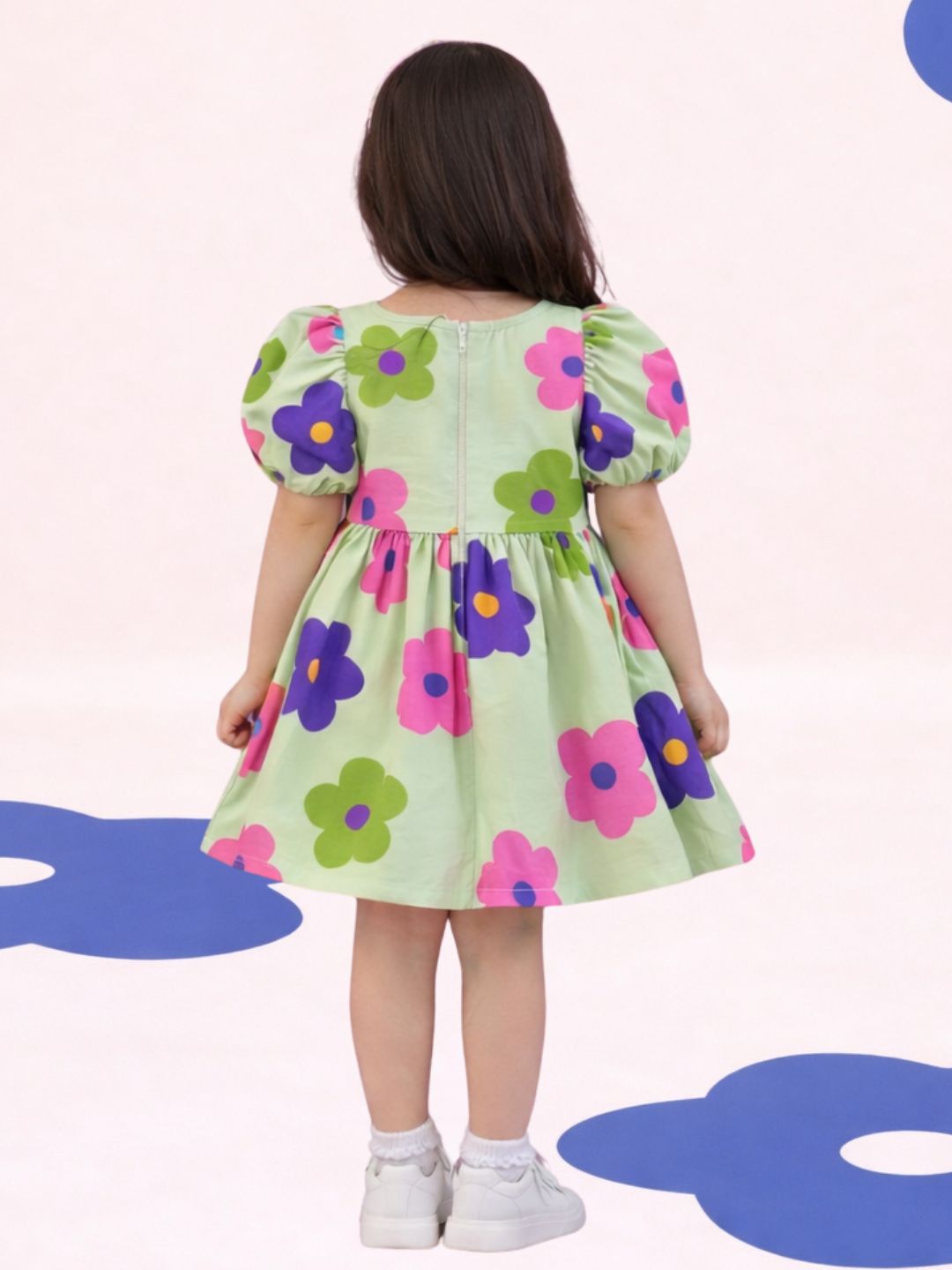 Petal Play Girls Cotton Green Floral Dress