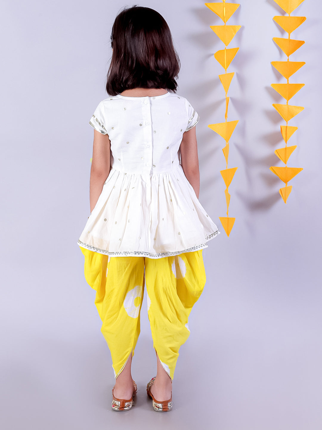 Marigold magic White Girls Cotton Kurta and Yellow Dhoti Ethnic Set