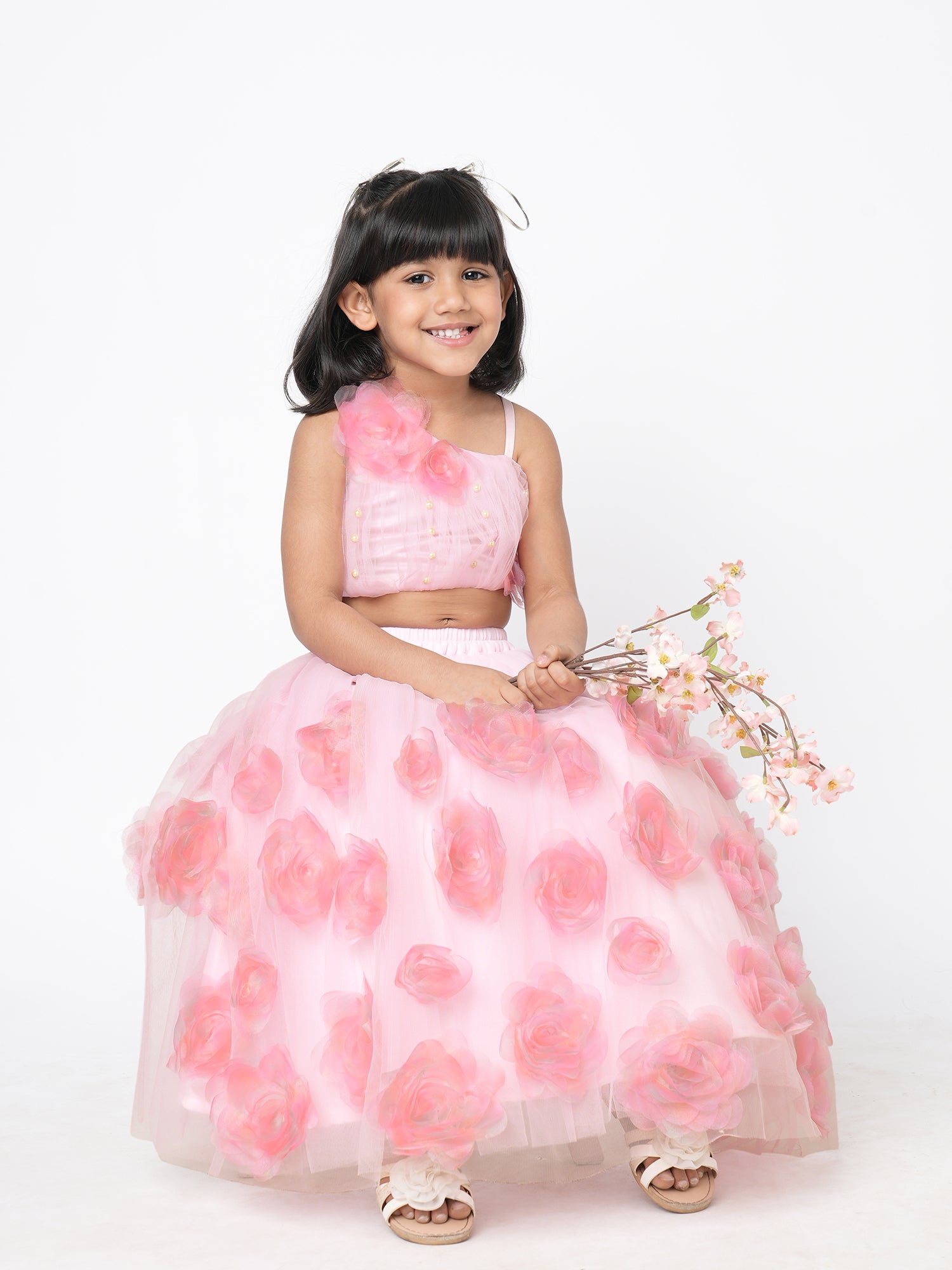 Paris Nights Girls Pink 3D Flower Embellished Lehanga Top