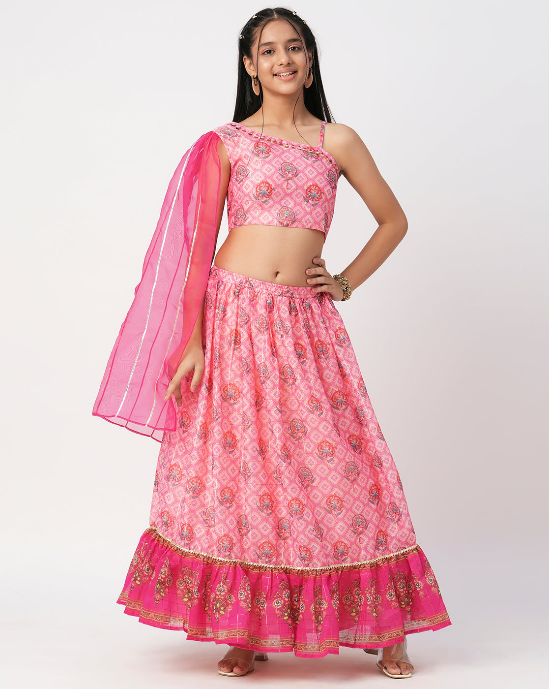 Raangoli Girls Pink Embroidered Lehanga Choli Set