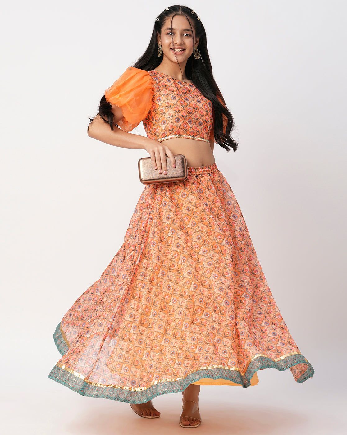 Raangoli Girls Orange Lehanga Choli Set