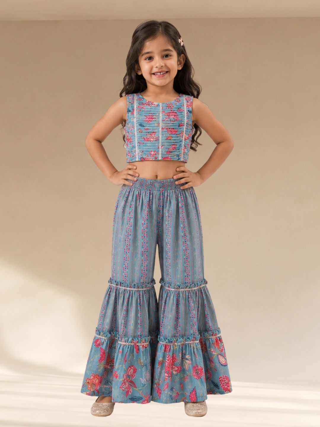 Golden Weaves Blue Crop Top with Palazzo Co-ordinate set