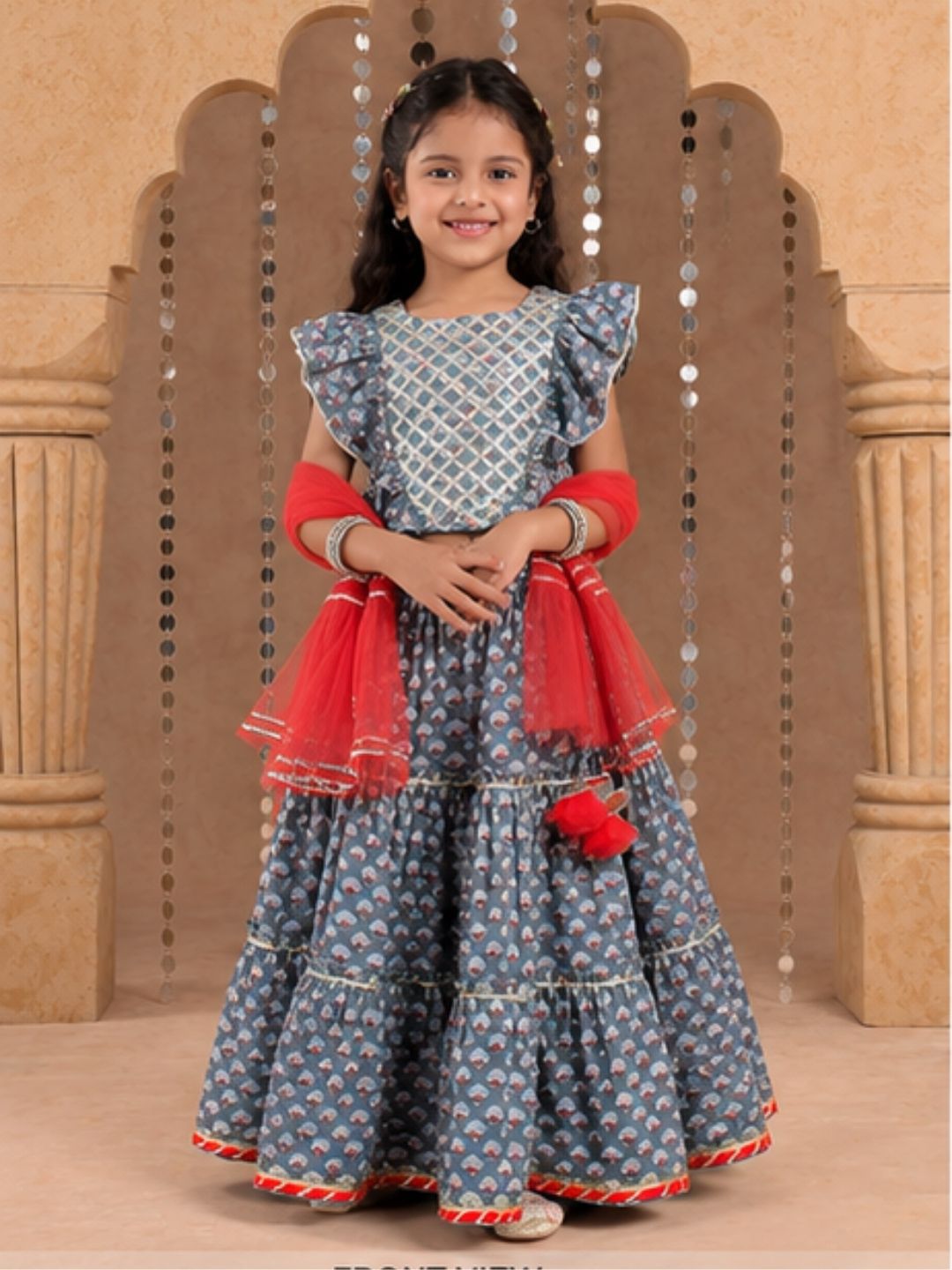 Jaipur Girls Grey Cotton Lehanga and Choli with Dupata Ethnic Set