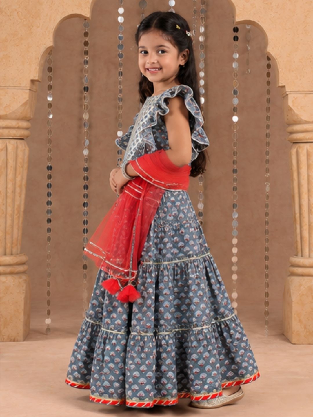 Jaipur Girls Grey Cotton Lehanga and Choli with Dupata Ethnic Set