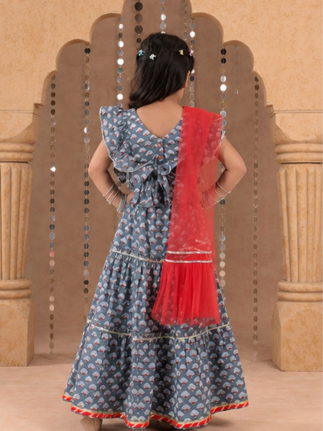 Jaipur Girls Grey Cotton Lehanga and Choli with Dupata Ethnic Set