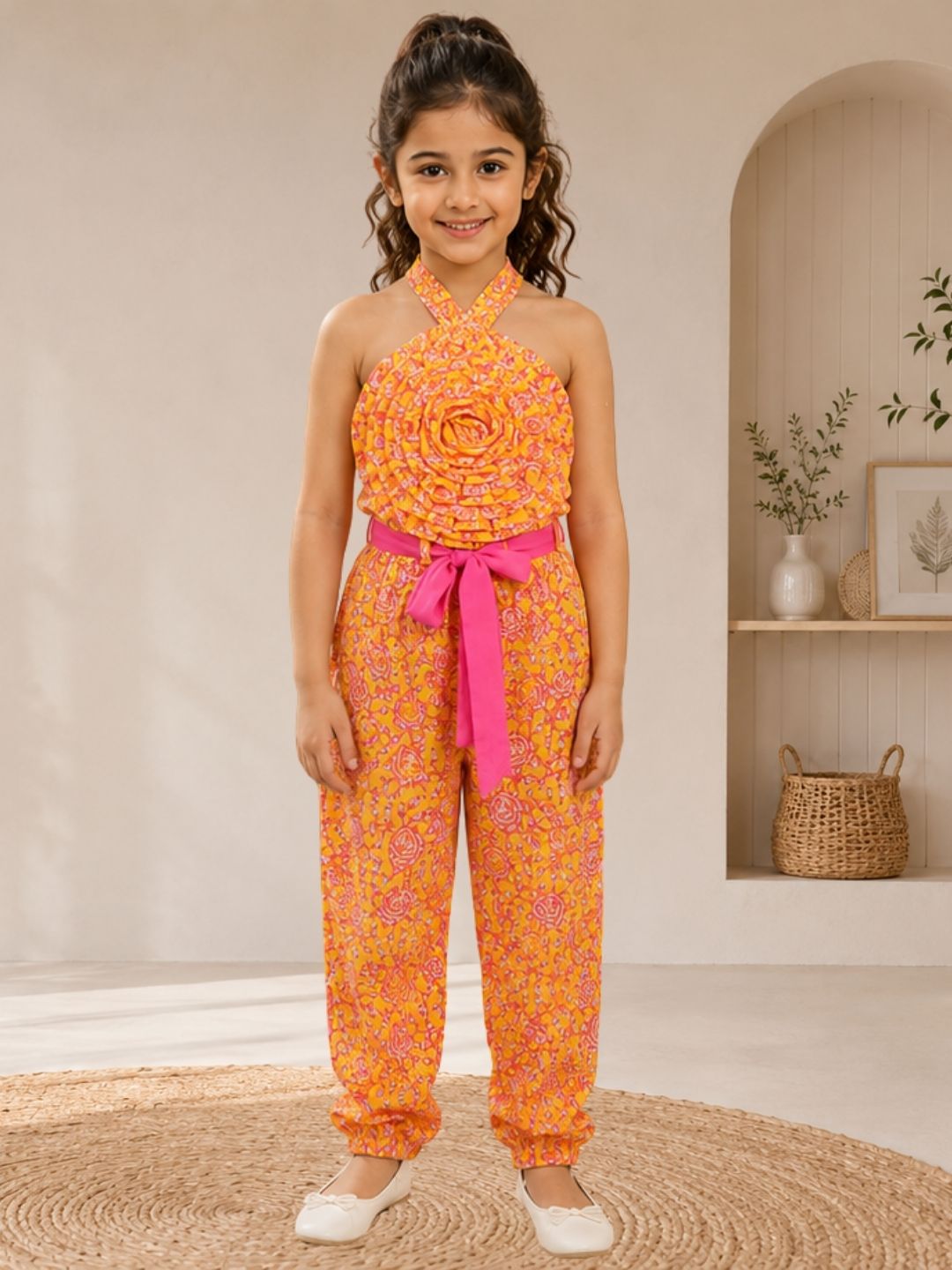 Jaipur Girls Yellow Printed Top with Printed Pant Co-ordinate Set
