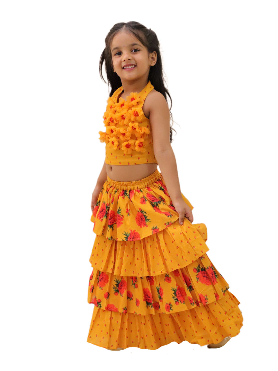 Genda Phool Mustard Choli and Lehanga Set For Girls