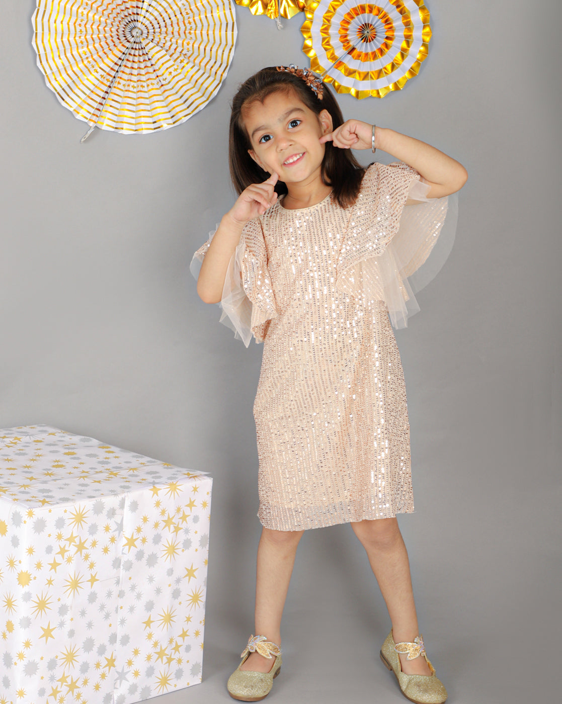 Girls Stylish Sequence Embroidered Dress with Ruffle Sleeve