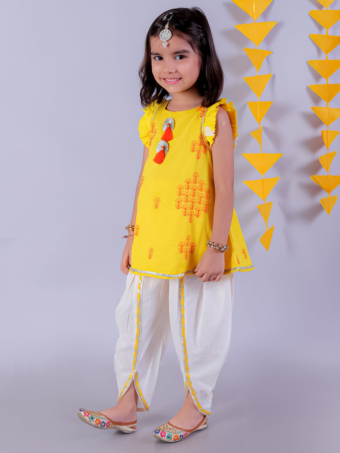 Marigold magic Girls Yellow Cotton Kurta and White Dhoti Ethnic Set