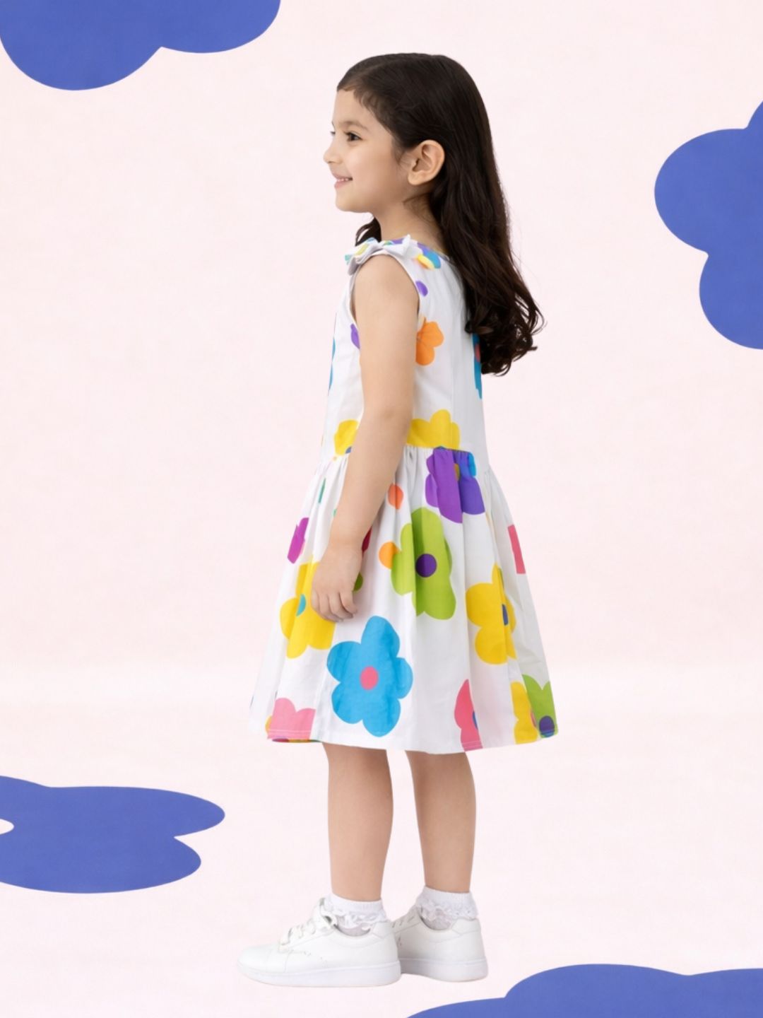 Petal Play Girls White Cotton Floral Dress
