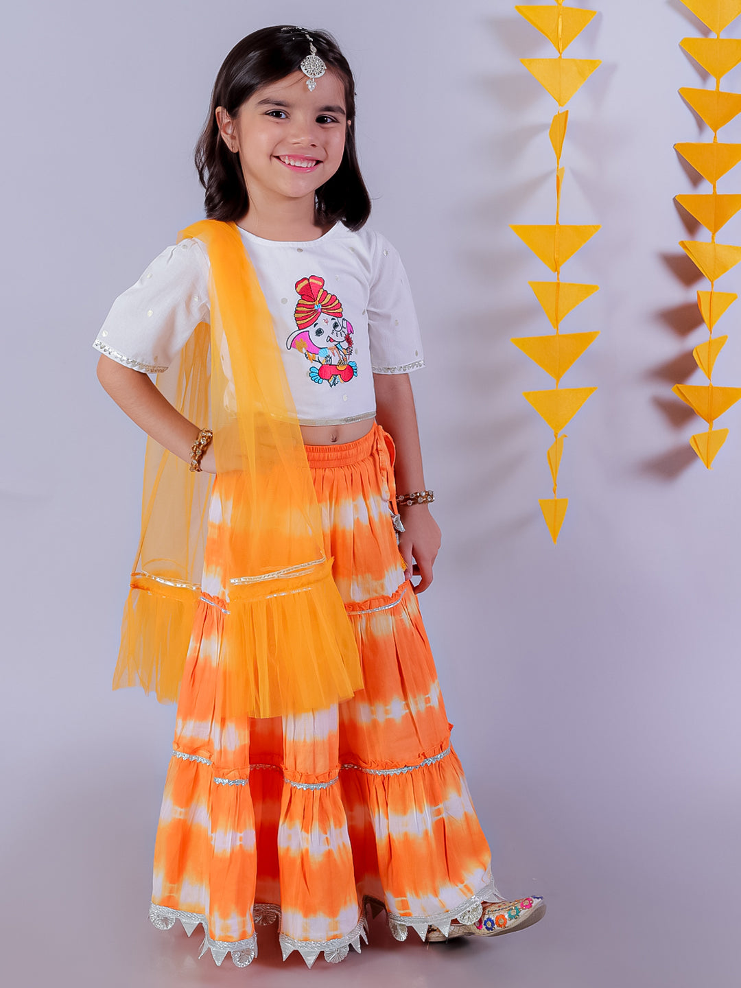 Marigold magic Girls Orange Lehanga and White Choli with Dupatta Ethnic Set