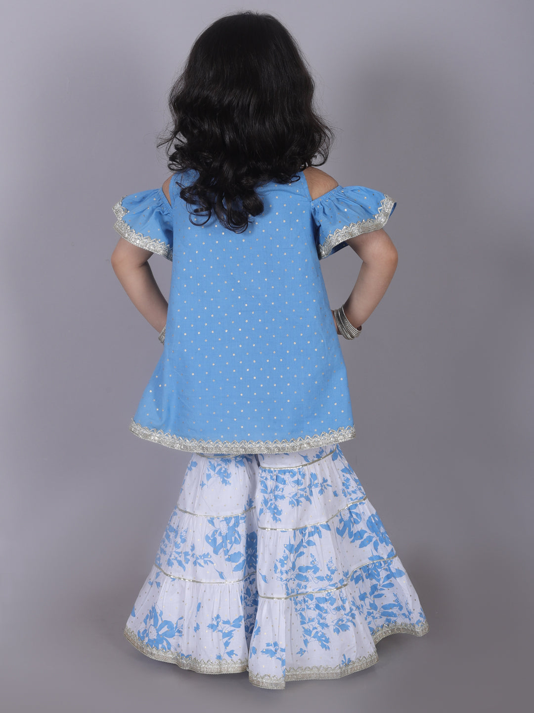 Zarqa Girls Blue Cotton Kurta with Sharara Set