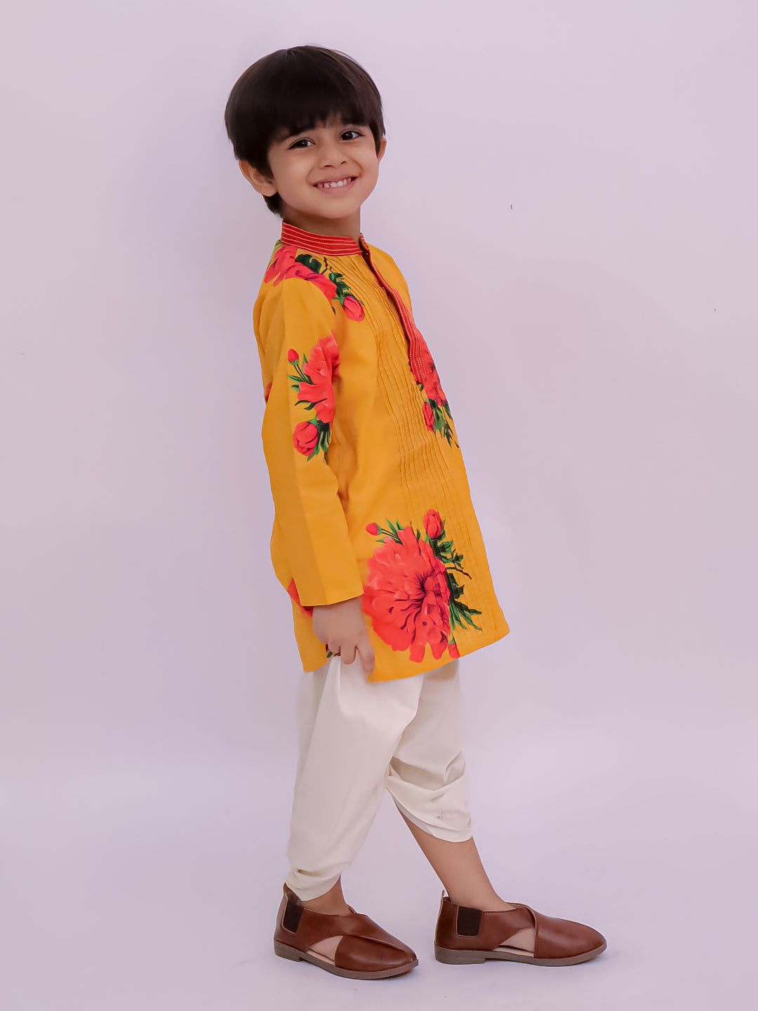Genda Phool Mustard Kurta and White Dhoti Set for Boys