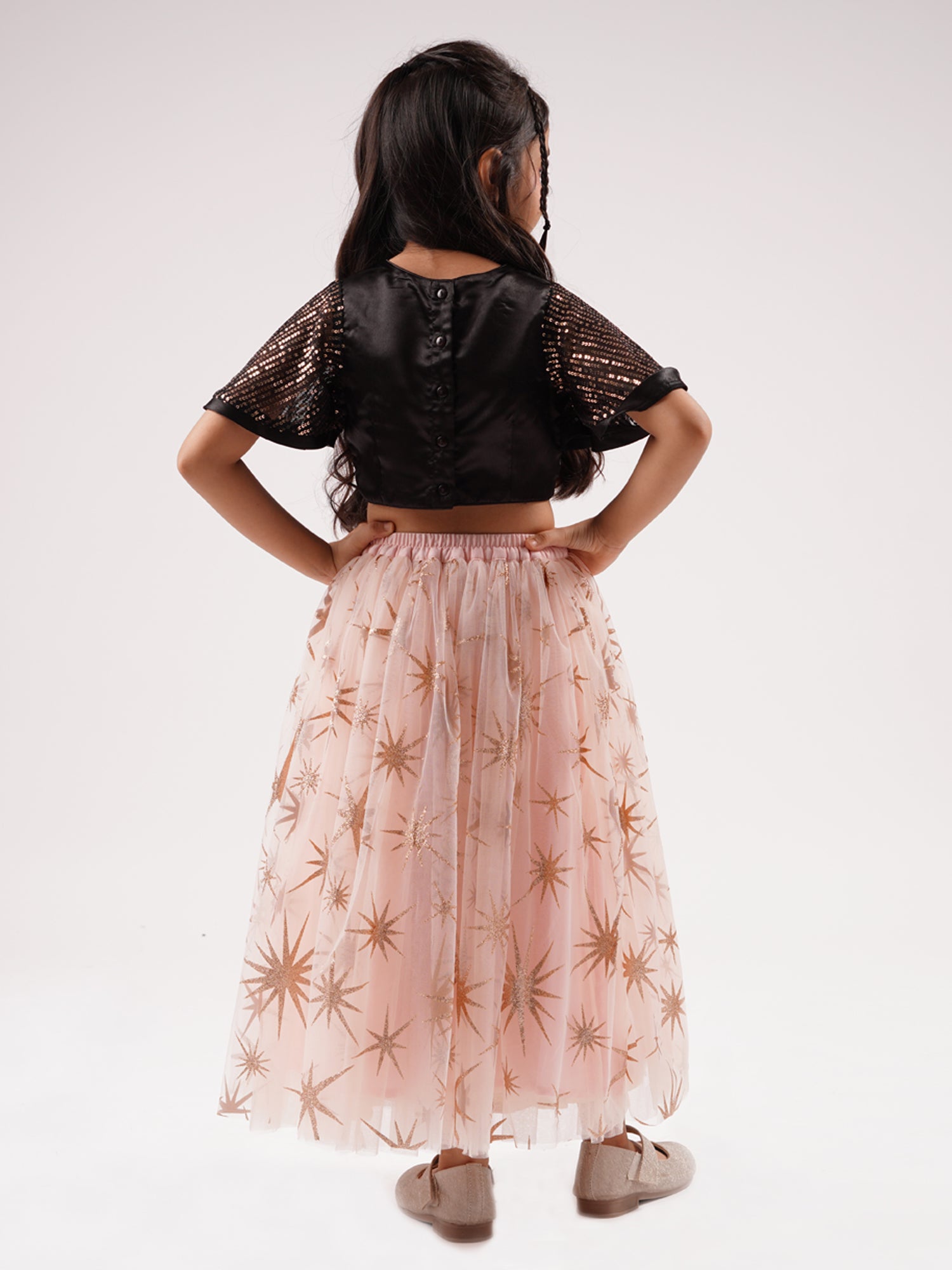 Paris Nights Girls Peach Sequin Choli Printed Lehanga