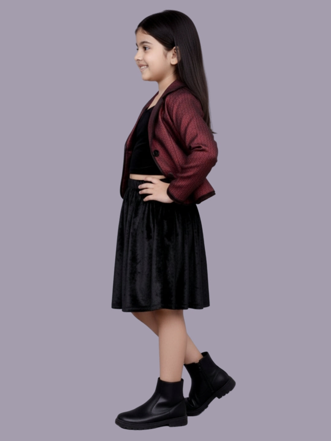 Glam up Girls Party Maroon Jacket and Velvet Skirt