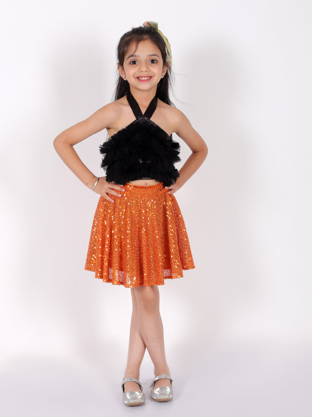 Lil Drama Girls Black Party top with Orange skirt for girls