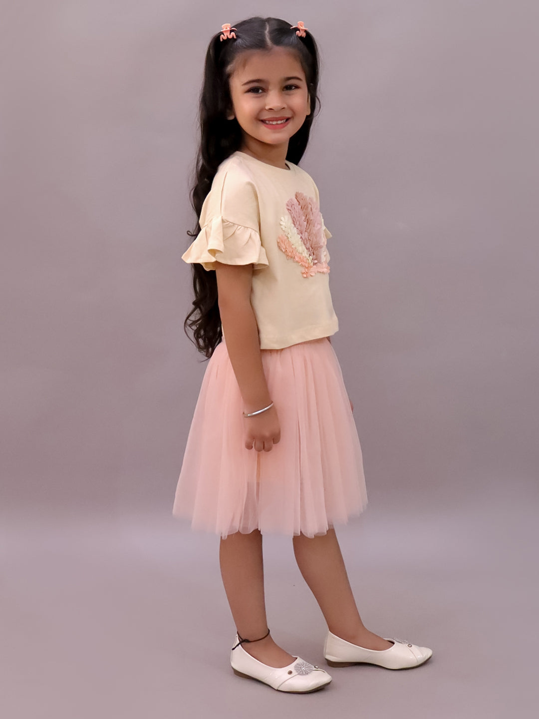 Paris Night Off White T-shirt with Peach Skirt Set For Girls