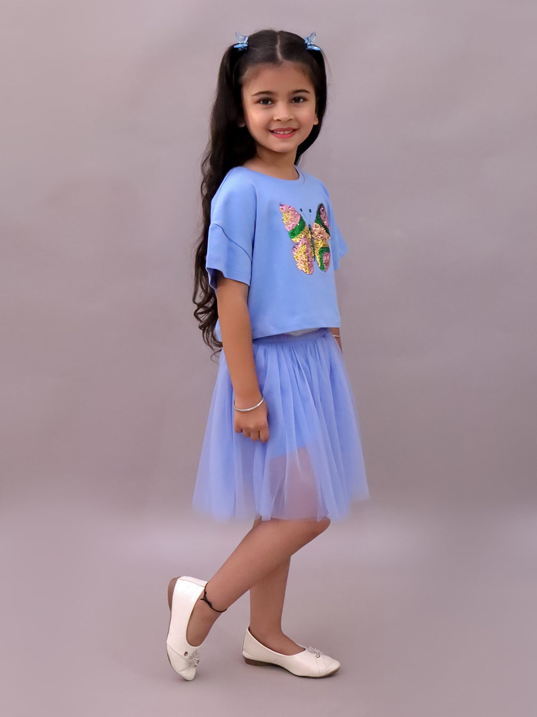 Paris Night Blue T-shirt with Skirt Set For Girls