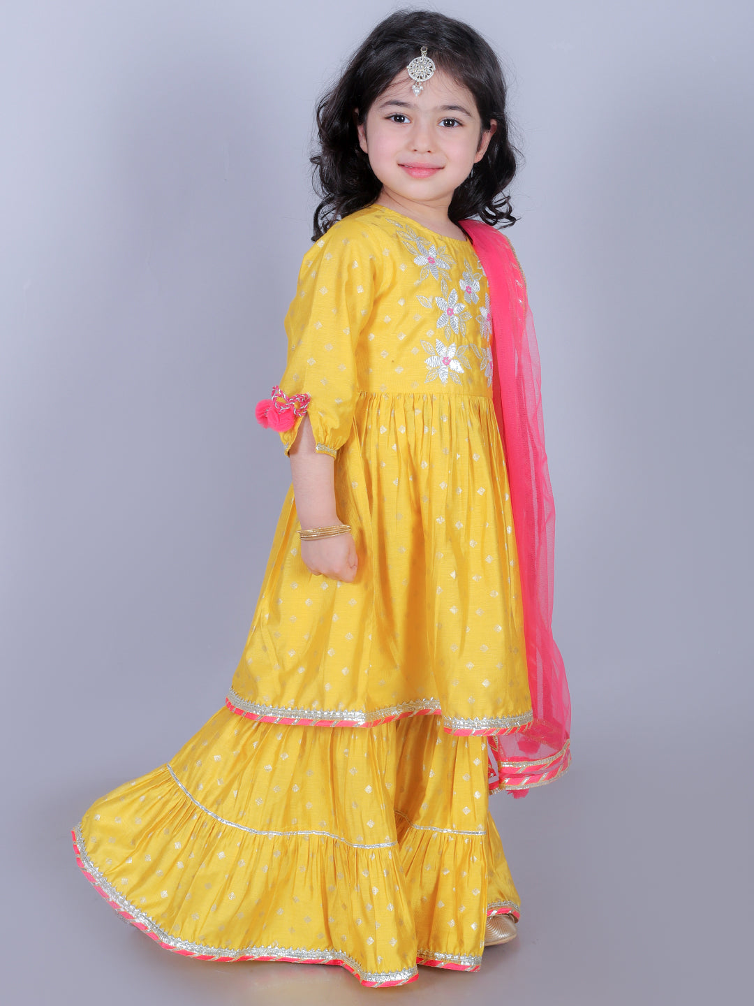 Zarqa Girls Yellow kurta with Sharara and Dupatta set